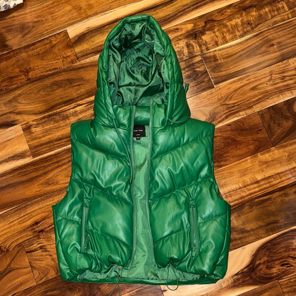 Green faux leather hooded cropped vest size large (runs very small)